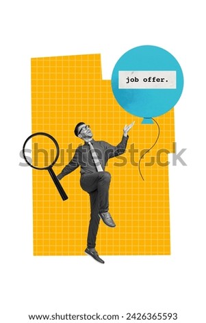 Vertical creative collage image of worker man search job vacancy air balloon magnifier loupe employment weird freak bizarre unusual fantasy