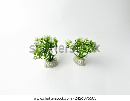 Aquarium fish tank vegetation interior decoration. Artificial fake green and white plastic plants with vibrant colors. Object photography isolated on white studio background.
