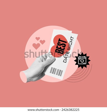 tear-off ticket, two people, best date nearby, hand with tickets, boyfriend, girlfriend, invitation, date, date tickets, love, romantic, date night, Event, Admit One, Love, Feeling, Love at first sigh Royalty-Free Stock Photo #2426382225