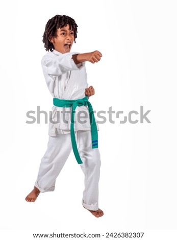 african american boy in karate suit training, uniform karate gi , keikogi or dogi, suit is white, hairstyle with braids, dreadlocks, isolated on white background Royalty-Free Stock Photo #2426382307