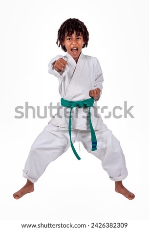 african american boy in karate suit training, uniform karate gi , keikogi or dogi, suit is white, hairstyle with braids, dreadlocks, isolated on white background Royalty-Free Stock Photo #2426382309
