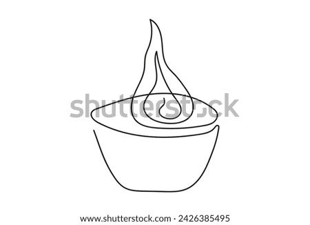 Tea light candle with flame. Burning decorative aromatic candle. Continuous one line drawing. Line art. Isolated on white background. Design element for print, greeting, postcard, scrapbooking