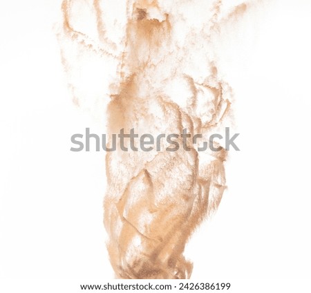 Small Fine Sand flying explosion, Golden grain wave spiral circle. Abstract sands cloud fly. Yellow colored sand splash throwing swirl curve in Air. White background Isolated high speed shutter freeze