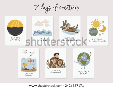 7 days of God's creation, boho silhouette, christian illustration, kids bible vector Royalty-Free Stock Photo #2426387171