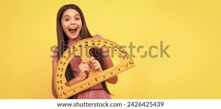 surprised kid study math in school hold protractor ruler, mathematics. Horizontal isolated poster of school girl student. Banner header portrait of schoolgirl copy space.