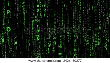Cyberspace with falling green digital lines, binary hanging chain, abstract background.