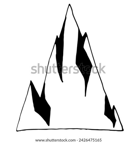 Simple hand draw mountain in doodle style. Black line illustration isolated on white background. Scandinavian style vector draw element for design. Minimalistic kids clip art. 