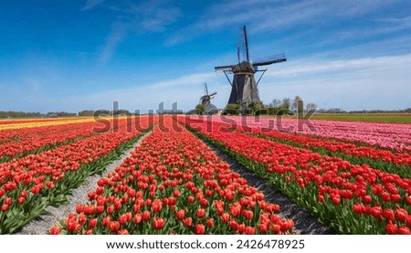 A field of colorful tulips. Dutch mills deep in the picture frame. Sun bouquet, beautiful romantic flowers with colorful petals and veins.