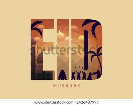 Image Filled Text of Silhouette Muslim People Celebrating Festival of Festival Eid Mubarak with Mosque in Crescent Moon. Royalty-Free Stock Photo #2426487999