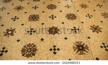An intricate mosaic tile floor featuring floral designs and geometric patterns in earthy tones, reflecting historical craftsmanship.