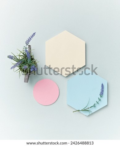 A pastel-toned light blue backdrop of hexagon and circle pedestal and flower, a view of the top, a decorative podium with a flat line. An empty platform for display cosmetic products, food and props Royalty-Free Stock Photo #2426488813