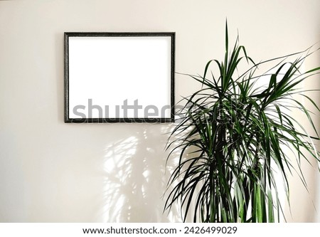 Photo mock up empty paint frame in light interior background with the dracaena tree. Scandinavian style