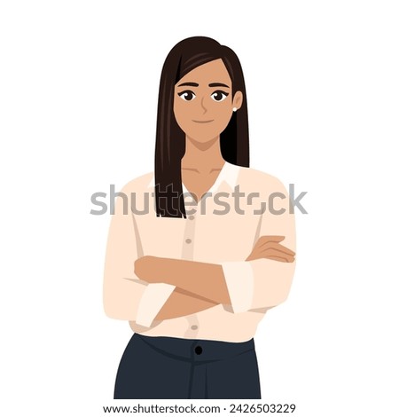 Beautiful businesswoman portrait. Smiling business woman standing folded hand. Flat Vector Character Illustration Isolated on White Background