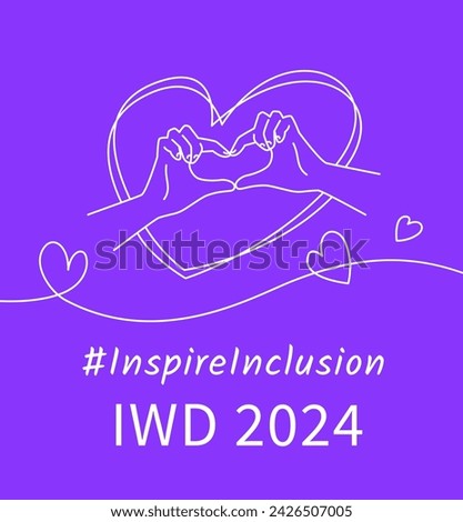 Inspire inclusion campaign heart finger gesture. International Women's Day 2024 linear theme banner. Hand drawn thin line human hands make heart symbol to stop discrimination and stereotypes. Royalty-Free Stock Photo #2426507005