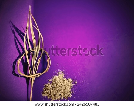 Lent Season, Holy Week, Ash Wednesday, Palm Sunday and Good Friday concepts. Close up crown of thorns with palm leaf and heap of ash in purple background. Stock photo.