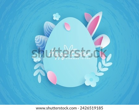 Joyous Easter holiday featuring eggs, rabbit ears and flowers against a vibrant backdrop and paper style. Suitable for greeting cards or party invitations.