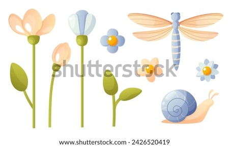 Gently pink and blue flower, green leaves, dragonfly, snail. Summer flowers and insects in cartoon style. Vector spring clip arts for the design of Easter cards, spring holidays, children books.