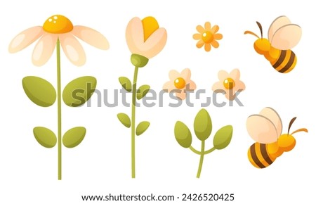 White chamomile and snowdrop flower, green leaves, bee. Summer flowers and insects in cartoon style. Vector spring clip arts for the design of Easter cards, spring holidays, posters, children s books