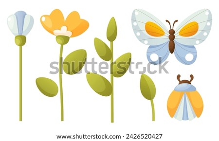 Yellow and blue flower, green leaves, blue butterfly, beetle. Summer flowers and insects in cartoon style.Vector spring clip arts for the design of Easter cards, spring holidays, children s books.