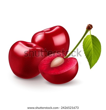 Ripe red sweet cherries with smooth skin, green leave, juicy light red flesh, and small pits on white Royalty-Free Stock Photo #2426521673