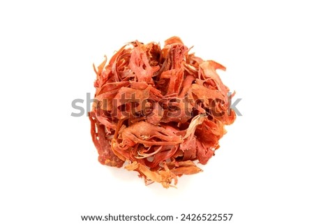 Dried Organic Mace isolated on white background top view. Spices of Kerala. Beautiful orange colored and aromatic mace (aril) of Nutmeg (Myristica fragrans). NUTMEG FLOWERS OR MACE MACRO SHOT.  Royalty-Free Stock Photo #2426522557