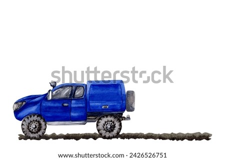 Side view blue car with tyre tracks. Card template for adventure, tourism, delivery, outdoors, 4x4 off-roading, car repair, camping designs. Watercolor illustration isolated on white background
