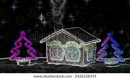 A house in the glow of precious stones.  Neon Christmas trees.  Stars shine on a black background