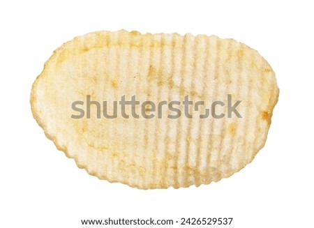 Close-up isolated image of a single ripple-cut potato chip against a white background, symbolizing snacks and food.
