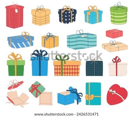 Set of gift boxes. Packaging for holidays and birthdays. Gifts for family and friends. Vector illustration