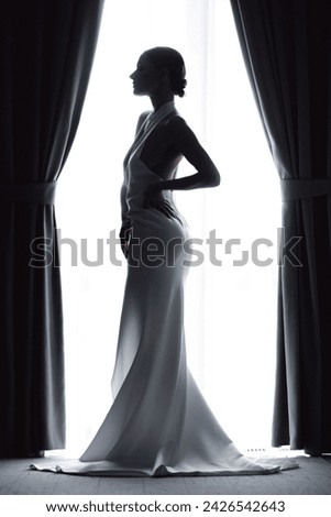 Portrait Bride woman in Silhouette Against Window Light in Elegant Wedding Dress, modern fashion photo, back view. Royalty-Free Stock Photo #2426542643