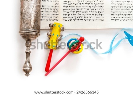 The Scroll of Esther and Purim Festival objects (masquerade mask) on white background. Top view