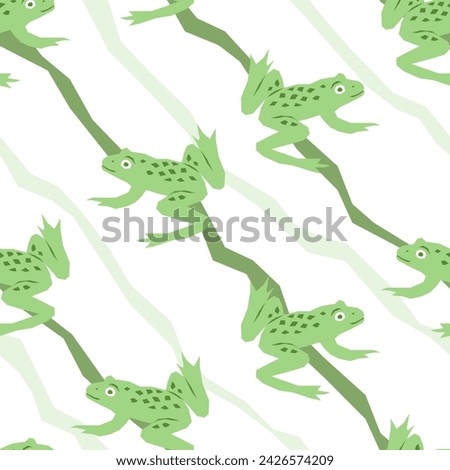 Vector seamless pattern with jumping frogs on a white striped background