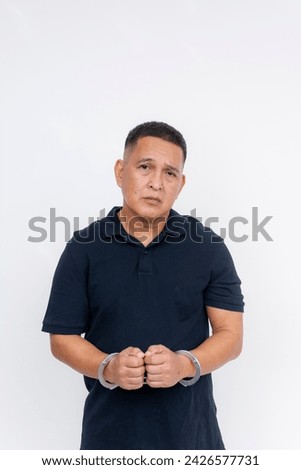 A regretful looking middle-aged Asian male under arrest and handcuffed, standing against a white background. Royalty-Free Stock Photo #2426577731