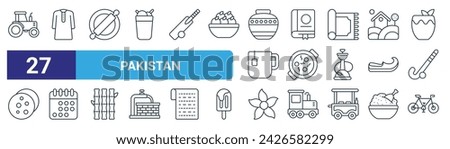 set of 27 outline web pakistan icons such as tractor, cloth, rolling pin, book, dish, calendar, jasmine, cycle vector thin line icons for web design, mobile app.