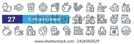 set of 27 outline web food and drinks icons such as eggs, fish, coffee, water, condiments, oil, canned food, donate vector thin line icons for web design, mobile app. Royalty-Free Stock Photo #2426583529
