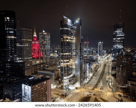 Aerial view of Warsaw downtown at night Royalty-Free Stock Photo #2426591405