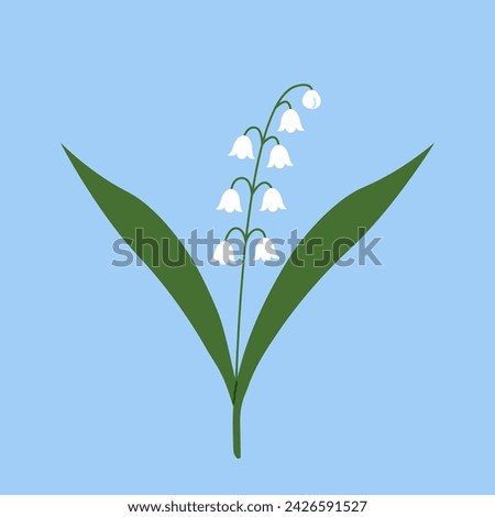 Lily of the valley. White spring flowers on blue background. Flat vector illustration.