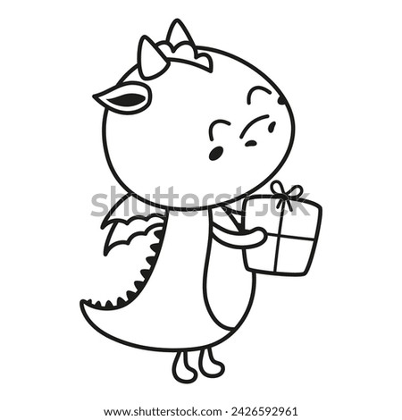 happy little dragon and holiday gift box decorated with ribbon and bow, outline cartoon vector illustration isolated on white background