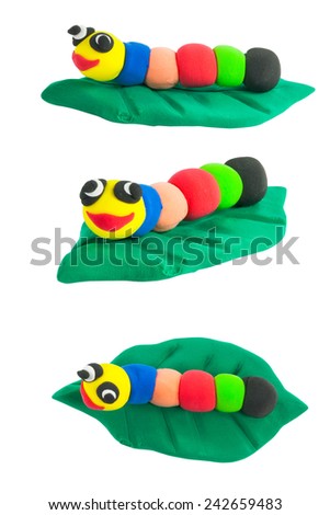 set of colorful Cute worm on green leaf white isolated background