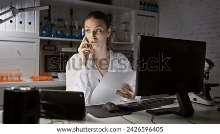 Caucasian woman scientist in lab analyzing document while talking on phone, surrounded by research equipment