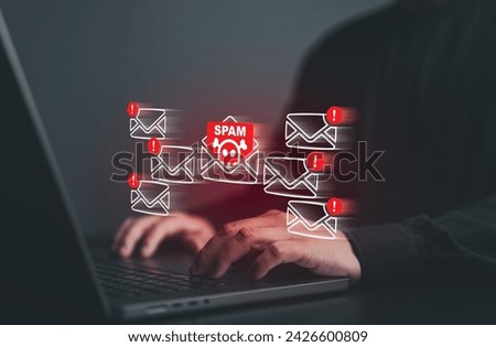 Cyber security awareness, spam mail pop-up warning, suspect emails alert. E-mail inbox with spam virus message caution sign for notification on internet threat security. Harmful, Trash and junk mail.