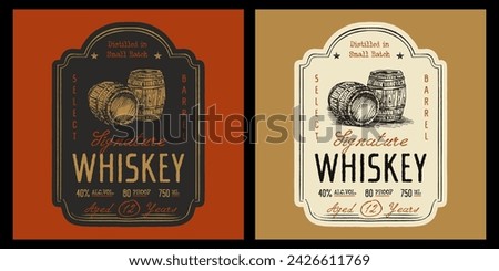 Whiskey label design, vintage retro style with barrel illustration Royalty-Free Stock Photo #2426611769