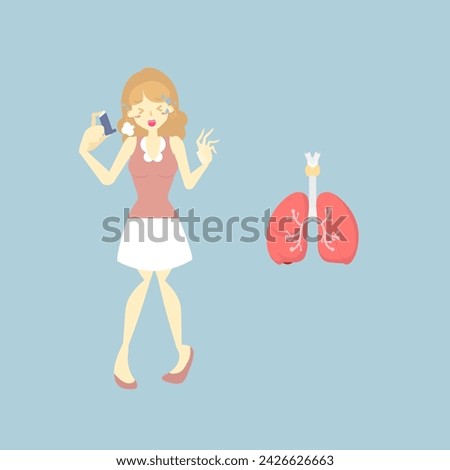 Woman with bronchodilator(asthma inhaler) and lungs, internal organs anatomy body part nervous system, health care concept, vector illustration cartoon flat design clip art