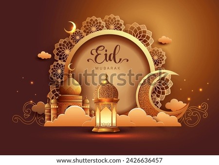 Eid Mubarak Muslim art greetings with golden mosque and brown background wallpaper. abstract vector illustration design. Royalty-Free Stock Photo #2426636457