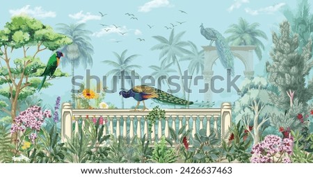 Mughal garden, peacock, arch, bird illustration for wallpaper. Jungle Mural vector wallpaper.