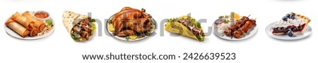 Set of fast foods products on white background. spring rolls, shawarma, fried chicken, taco, rice with bbq meat, cheesecake, isolated. Various types of foods set. Assorted fast food collection set.