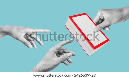 Studying, self-development. Share knowledge. Hand gives the book to other people. Concept of community, hobbies, knowledge , symbolism Royalty-Free Stock Photo #2426639929