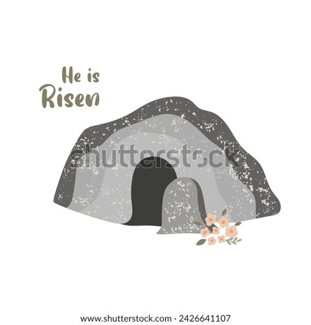 Easter Sunday tomb He is risen. Vector illustration. Cave. Empty tomb of Jesus. Religion holiday element, hand drawn stone and flowers isolated on white. Royalty-Free Stock Photo #2426641107