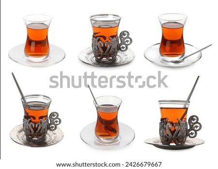 Traditional Turkish tea in glasses isolated on white, set