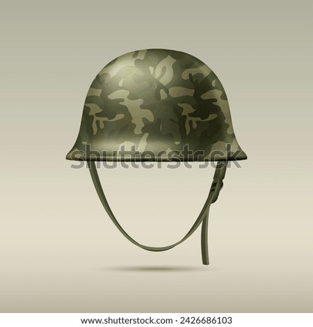 Vector 3d Realistic Military Protective Helmet Closeup Isolated. Helmet, Army Symbol of Defense and Protection. Soldier Helmet Design Template for Military, Defense and Safety Concept Royalty-Free Stock Photo #2426686103